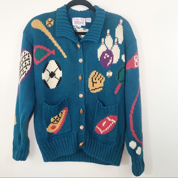 Vintage Sweaters - Tally Ho Vintage Sports Theme Cardigan Sweater